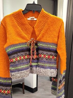 Free People Bright Orange Fair Isle Tie-Front Cardigan